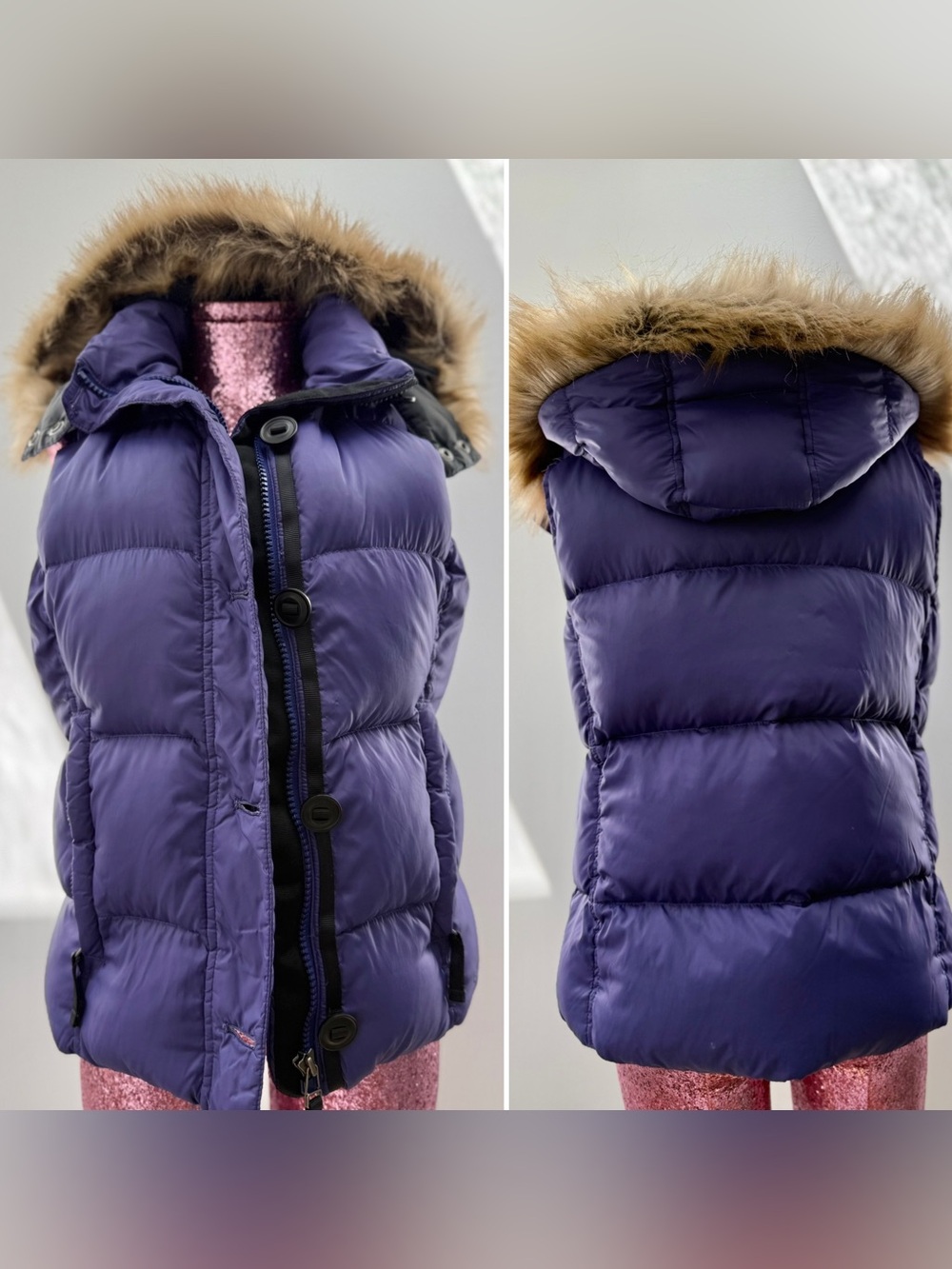L.L. Bean Vintage Faux Fur Hooded Goose Down Puffer Vest Purple S